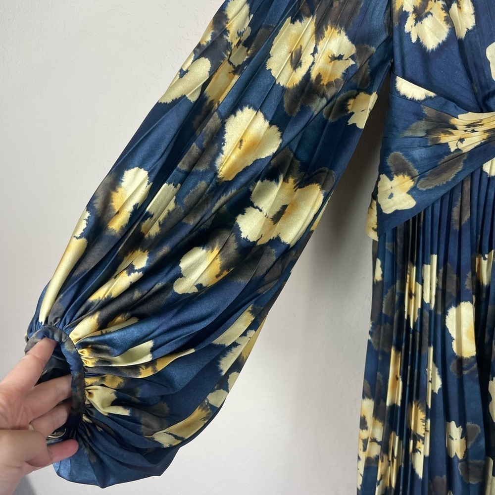 Acler Palms Pleated Long Sleeve Midi Dress Navy Floral Size 2 - Picture 8 of 15
